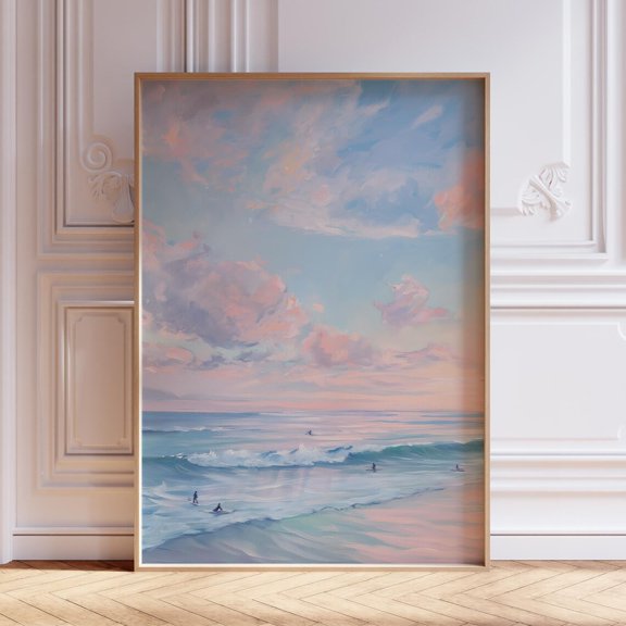 Blue Beachy Wall Art, Surf Art, Pink And Blue Coastal Art Print, Coastal Print, Pastel Sunset Surf Print, Pink Surf Poster