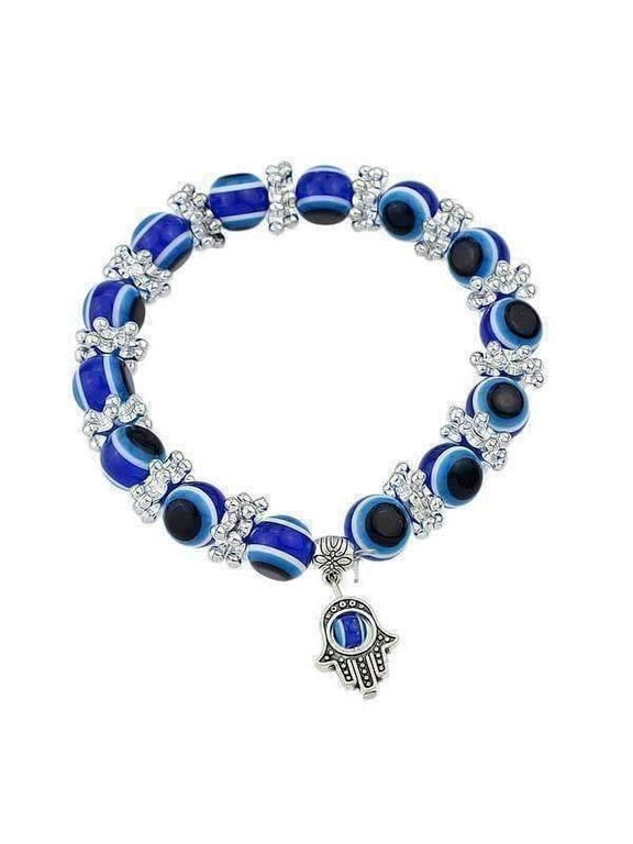 Blue Bead Evil Eye Hamsa Charm Strechy Bracelet for Women Special Occasion Birthday Holiday Casual