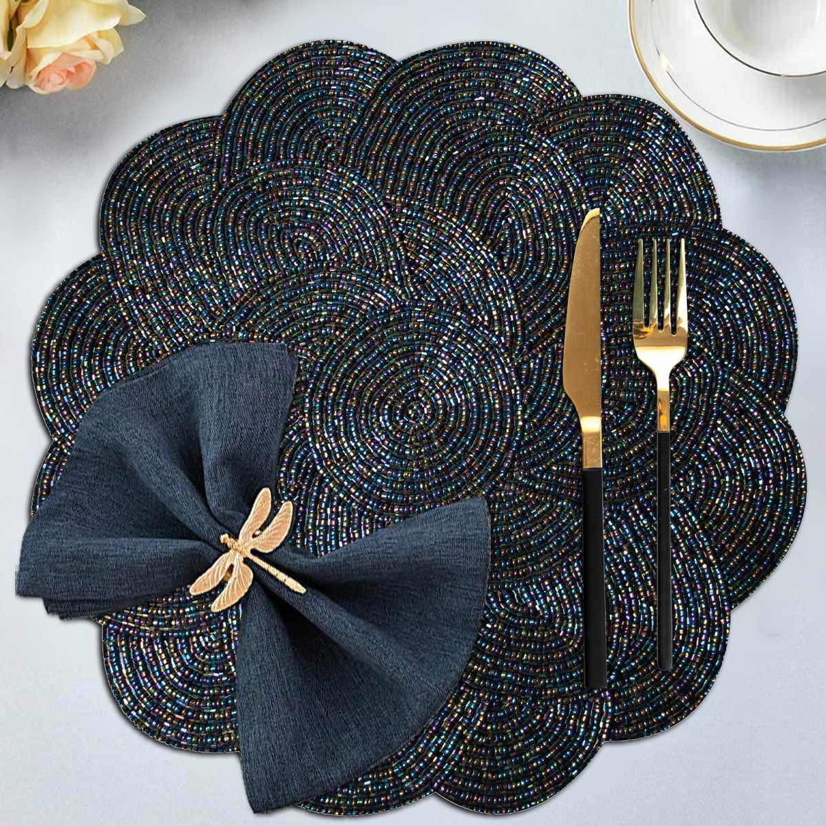 Blue Beaded Placemats Set of 8 for Dining Coffee Table Scratch Heat