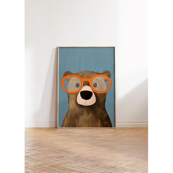 Blue Bear Art Print Brown Woodland Wall Colorful Orange Glasses Dorm Decor Preppy Animal Printable, Unframed Canvas 8x10in