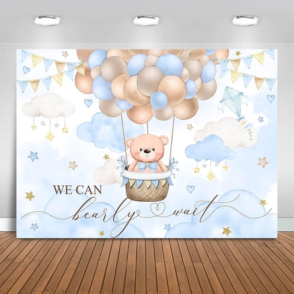 Blue Bear Baby Shower Backdrop Hot Air Balloon Bear Theme Background Party Decorations for Boy We Can Bearly Wait Banner Photo Booth Prop