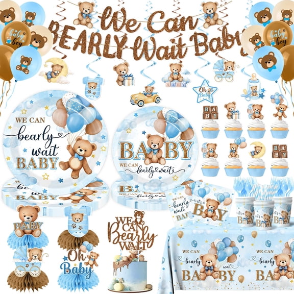 Blue Bear Baby Shower Decorations,219Pcs Baby Shower Tableware Set Banner, Plates and Napkins, Tablecloth, Cake Toppers, Honeycomb Balls for Boy Neutral Bear Themed Party Decorations Severs 24 Y101