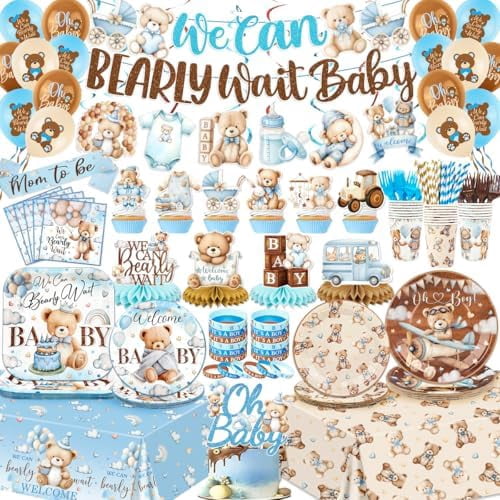 Blue Bear Baby Shower Decorations for Boy We Can Bearly Wait Baby Shower Plates and Napkins Tablecloth Banner Toppers Bracelets Sash Honeycombs Balloons for Boy Baby Shower Party Supplies Serve 26