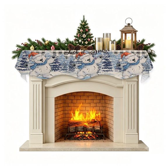 Blue Bear Christmas Mantel Scarf Fireplace Decorations for Living Room, Snowflake Xmas Tree Black Plaid Fireplace Mantel Scarf Cover Runner for Halloween/Thanksgiving/Christmas Decor 60"x17"