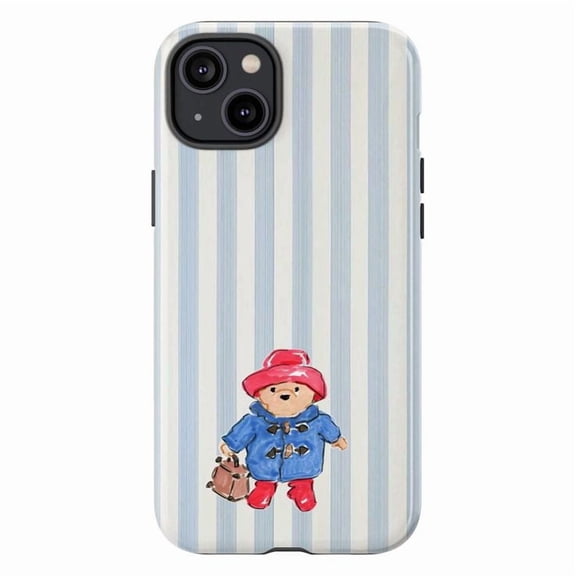 Blue Bear Duffle Coat Phone Case, Watercolor Striped Cover for iPhone 17 16 15 14 13 12 11 Plus Pro Mini