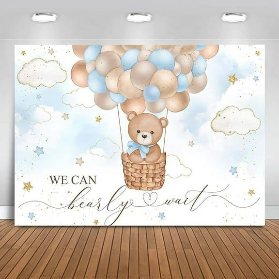Blue Bear Hot Air Balloon Backdrop For Boy, Background We Can Bearly Wait Baby Shower Party Cake Table Decoration Photo Booth Props