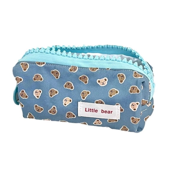 Blue Bear Pattern Pencil Pouch, Big Zipper with Large Teeth, Stylish Large Capacity Stationery Bag for Students