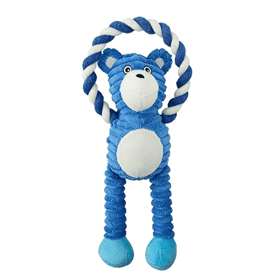 Blue Bear Plush Dog Toy with Rope Ring, Interactive Tug of War Chew Toy, Durable Teeth Cleaning Pet Toy for Small to Medium Dogs