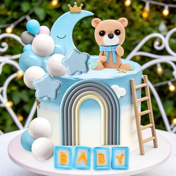 Blue Bear Rainbow Cake Topper Set - Dreamy Sky Theme Party Decor with Stars Balloons Letters