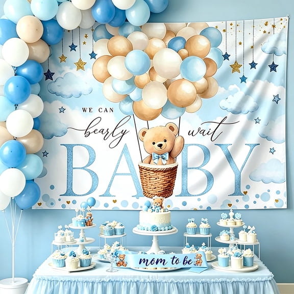 Blue Teddy Bear Themed Birthday Party Decoration Banner - Balloon Garland and Backdrop for Birthday Parties and Family Gatherings