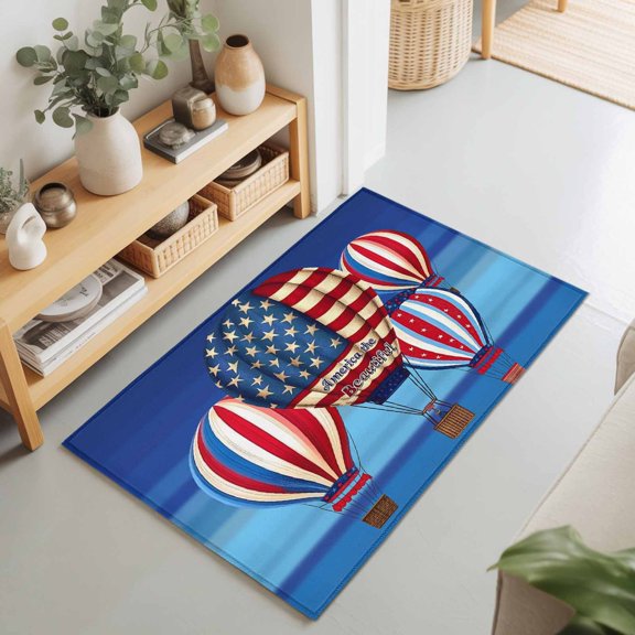 Blue Beautiful America Words Rectangle Area Rug 2x3ft,Living Room Rug Non-Slip Washable Circle Rugs Pad,USA Flag Hot Air Balloon Soft Floor Carpet for Bedroom Dining Room