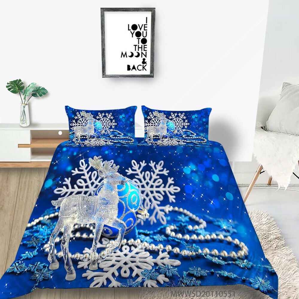 Blue Bed Cover Set 3D Snowflake Printing Bedding Cover Suit Christmas ...