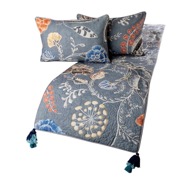 Blue Bed Runner, Full Size 68"x18" Decorative Bed Runner With Matching Pillow Cover, Blue Linen Bed Scarf in Quilted Peacock, Linen & Jute Embroidery - Peacock Willow