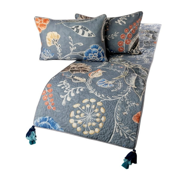 Blue Bed Runner without Pillow Cover, Twin Size 53"x18" Decorative Bed Runner, Blue Linen Bed Scarf in Quilted Peacock, Linen & Jute Embroidery - Peacock Willow