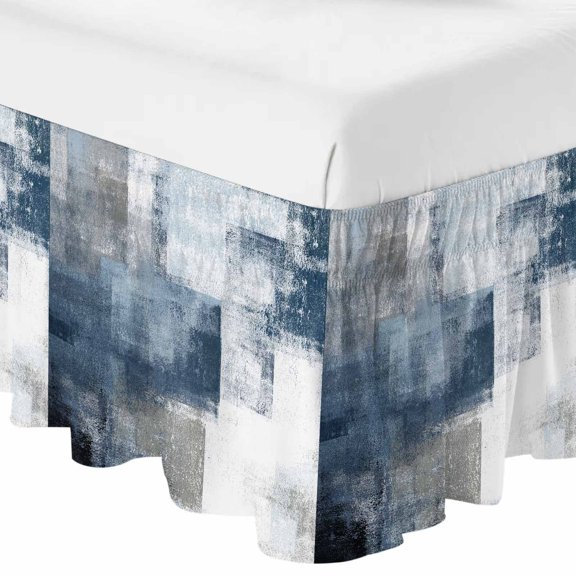 Blue Bed Skirt Queen Size 18 Inch Drop, Adjustable & Elastic Wrap Around Bed Skirts Pleated Luxury Dust Ruffles For Twin Full Queen Cal King Base Beds, Retro Oil Painted Modern Abstract Art