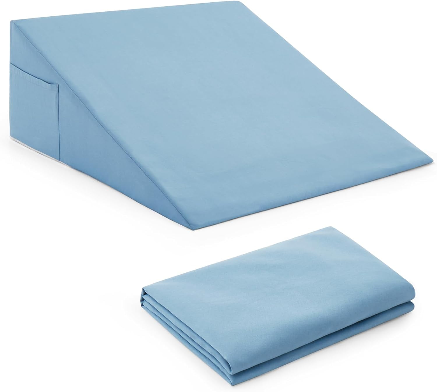 Blue Bed Wedge Pillow Cover with Zipper Design, Wedge Pillowcase Protector with Side Pocket for Storage, 24" L x 24" W x 12" H(Pillow Not Include)