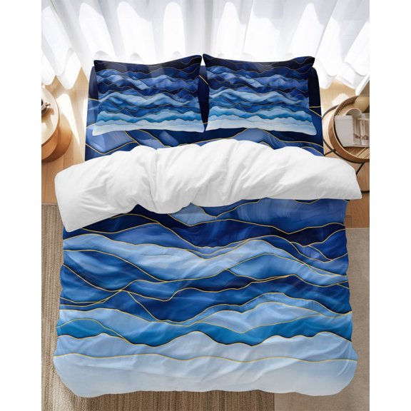 Blue Bedding Duvet Cover Set Full Size 4 Pieces Gradient Ripple Abstract Soft Twill Plush Quilt Cover, Include 1 Duvet Cover 1 Flat Sheet And 2 Pillow