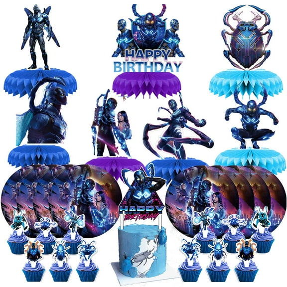 Blue Beetle Party Supplies Decor Plates Fans Decorations Honeycomb Centerpieces Cake Toppers