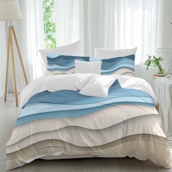 Blue Beige 4 Piece Duvet Cover Set Queen Size Geometric Abstract Gradient Ocean Wave Modern Soft Bedding Set Comforter Cover, 1 Duvet Cover 1 Flat Sheets and 2 Pillowcases