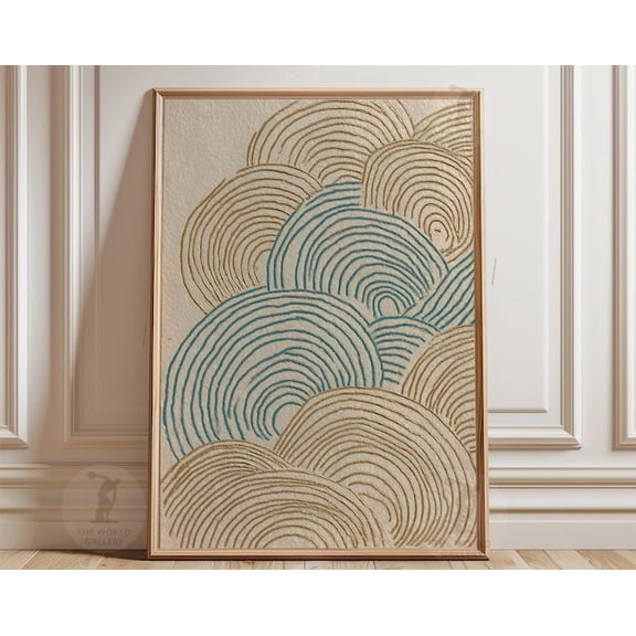 Blue Beige Abstract Japanese Wave Pattern Wall Art Print, Unframed Paper Poster 24x36in