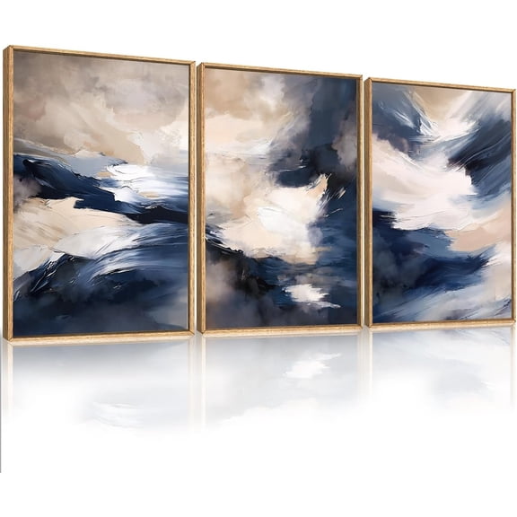 Blue Beige Abstract Wall Art Set of 3, Navy Brush Stroke Modern Art Decor, Earth Tone Minimalist Shape Framed Painting, Rust Dusty Neutral Prints for Living Room, Bedroom, Office- 3Pieces,16x24 inch