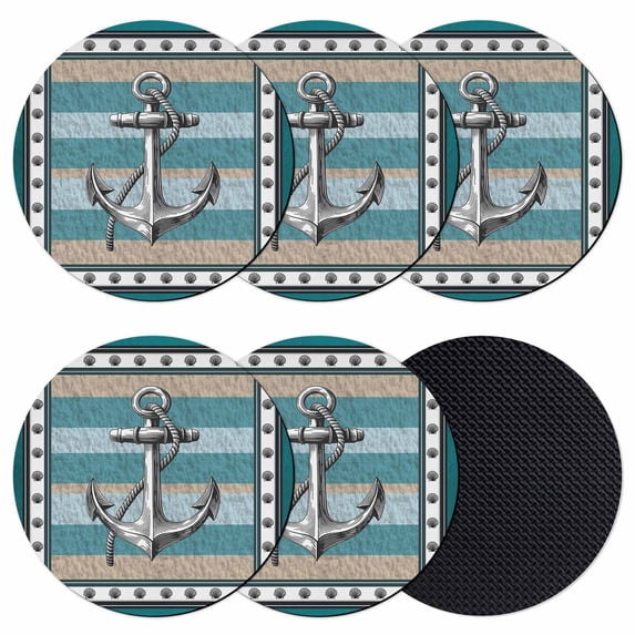 Blue Beige Anchor Coasters Set of 6, Absorbent Coasters for Drinks, Nautical Summer Beach Coastal Ocean Coaster for Desk Coffee Table Protection, Home Decor House Warming Gifts 4"