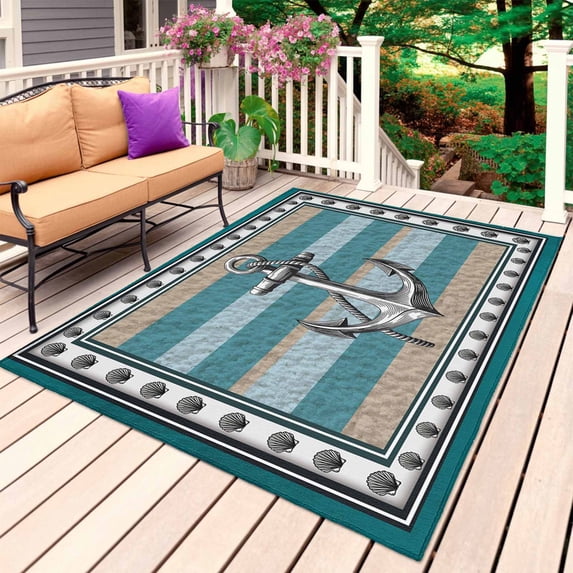 Blue Beige Anchor Outdoor Rug 3x5 Ft, Non Slip Washable Area Rug, Nautical Summer Beach Coastal Ocean Patio Rugs Carpet Runner, Large Floor Mat for Indoor/Outdoor Deck Porch Camping