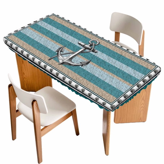 Blue Beige Anchor Table Cloths for 6 Foot Rectangle Tables, Nautical Summer Beach Coastal Ocean Patio Waterproof Elastic Fitted Tablecloths, Washable Rectangular Table Cover for Camping