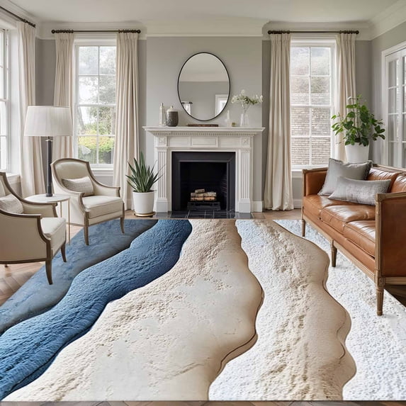 Blue Beige Area Rug 6x9 FT, Non Slip Living Room Throw Carpet, Modern Coastal Wave Abstract Art Washable Soft Large Floor Carpet Non-Shedding Rug for Bedroom Dining Room Play Room