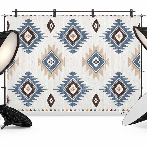 Blue Beige Backdrop for Photography, Aztec Ethnic Southwestern Native Geometric Photo Backdrop Portrait Background Party Banner Photo Backgrounds for Studio Booth Props, 10x8ft