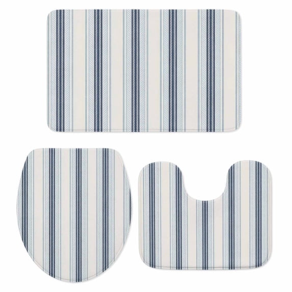 Blue Beige Bath Mat 3 Piece Bathroom Rug Set, Modern Abstract Gradient Vertical Stripes Non Slip Bath Rug Contour Mat and Toilet Lid Cover, Absorbent Shower Mats Soft Bath Rugs and Mats Sets