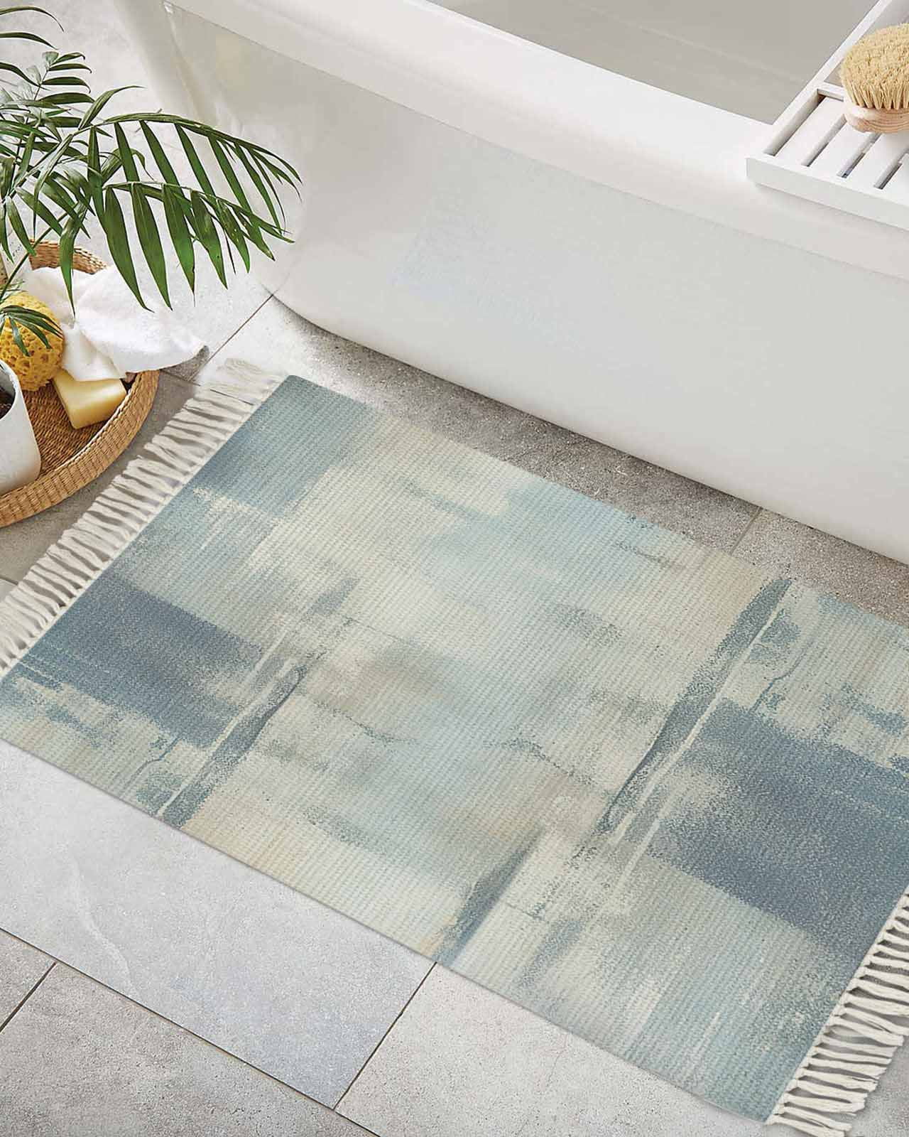 Blue Beige Bath Rug 2x3ft Woven Bathroom Entryway Runner Rug,Oil