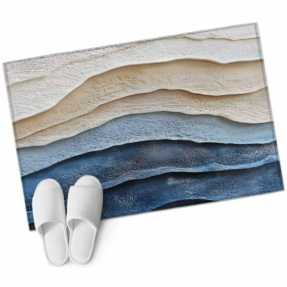 Blue Beige Bathroom Mat 2x3 FT, Non Slip Small Kitchen Mat, Coastal Wave Modern Abstract Art Washable Soft Backed Front Door Throw Rug Non-Shedding Indoor Outdoor Doormat for Entryway Sink
