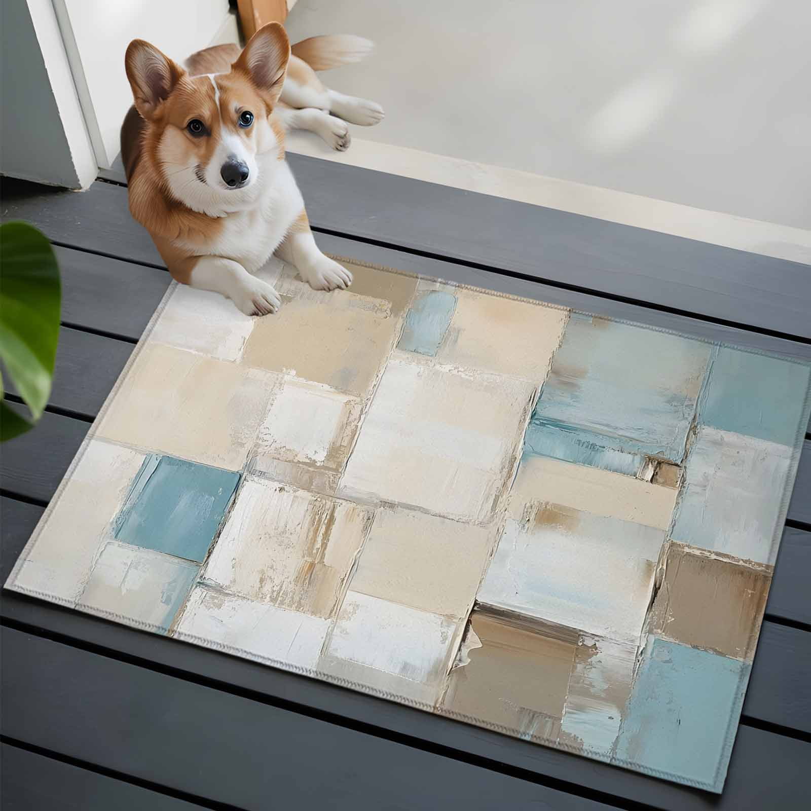 Blue Beige Bathroom Mat 2x3 FT, Non Slip Small Kitchen Mat, Modern Abstract Color Blocks Washable Soft Backed Front Door Throw Rug Non-Shedding Indoor Outdoor Doormat for Entryway Sink
