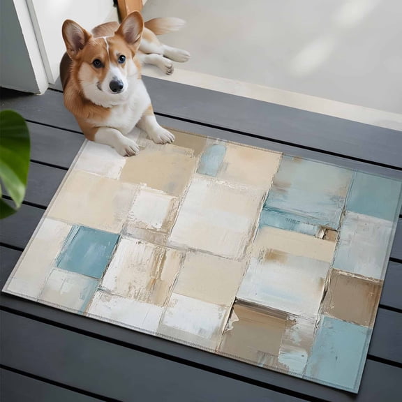 Blue Beige Bathroom Mat 2x3 FT, Non Slip Small Kitchen Mat, Modern Abstract Color Blocks Washable Soft Backed Front Door Throw Rug Non-Shedding Indoor Outdoor Doormat for Entryway Sink