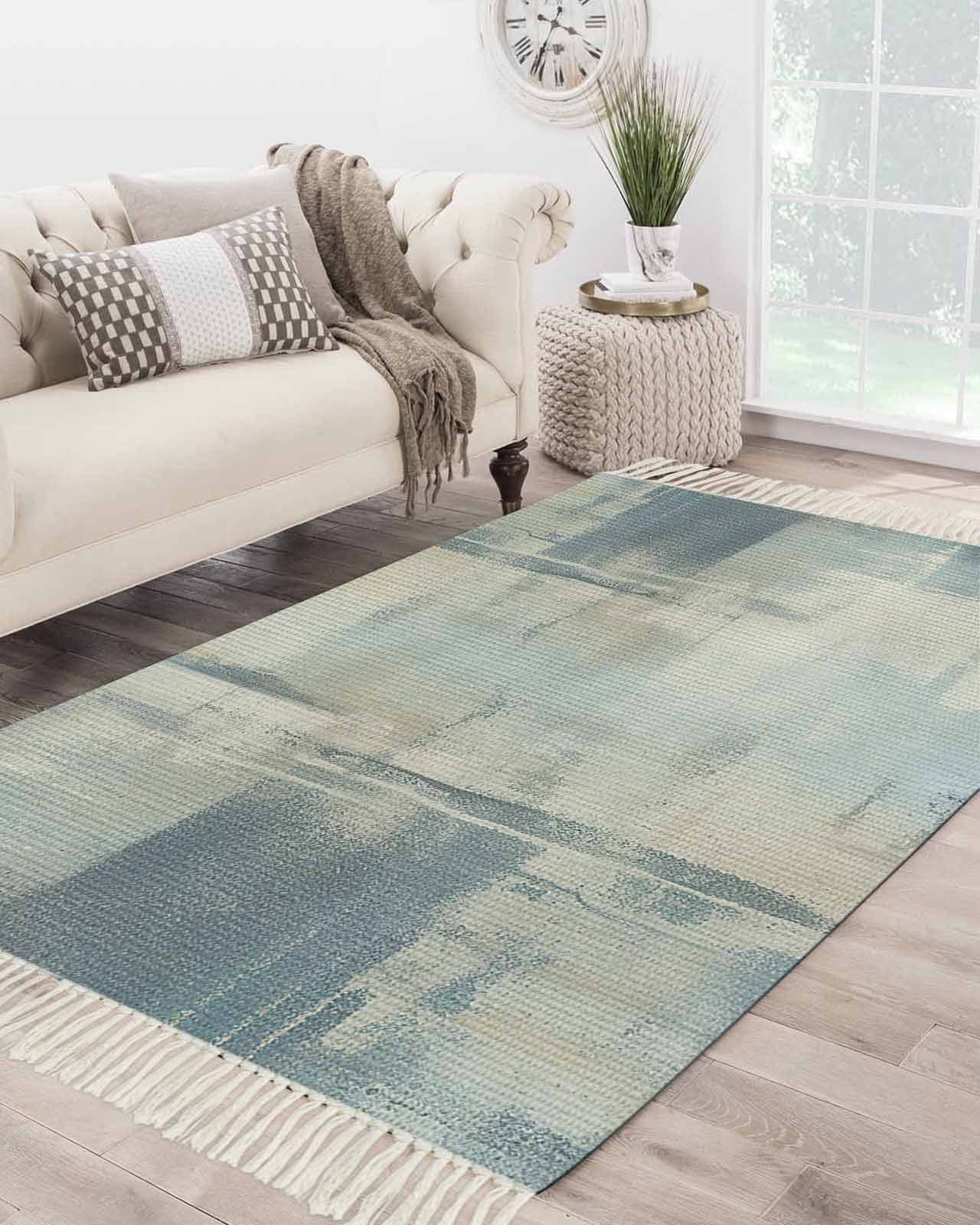 Blue Beige Bedroom Rug 4'x6', Washable Woven Cotton Area Rug with