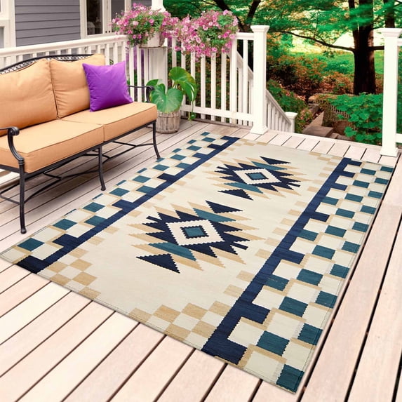 Blue Beige Black Outdoor Rug 4x6 Ft, Non Slip Washable Area Rug, Boho Southwestern Geometric Vintage Patio Rugs Carpet Runner, Large Floor Mat for Indoor/Outdoor Deck Porch Camping
