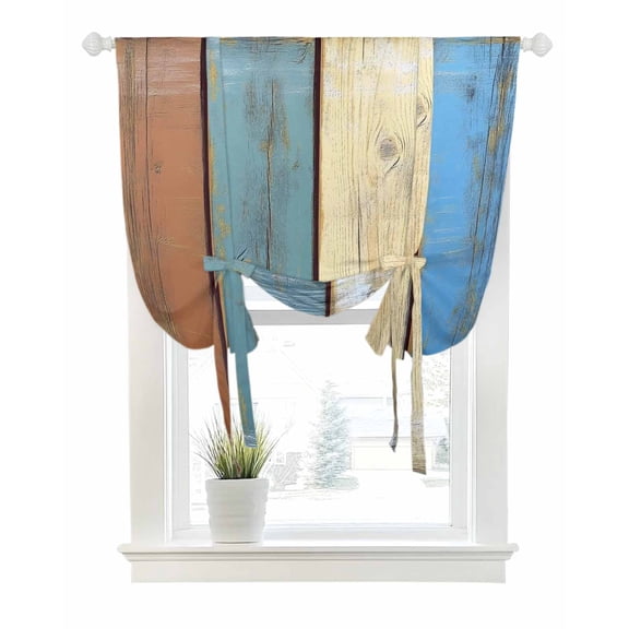 Blue Beige Board Tie Up Curtains for Window, Thermal Insulated Balloon Shade Adjustable Rod Pocket Curtains Valance Panels for Kitchen Bathroom Cafe 42 x 54 Vintage Wood Grain