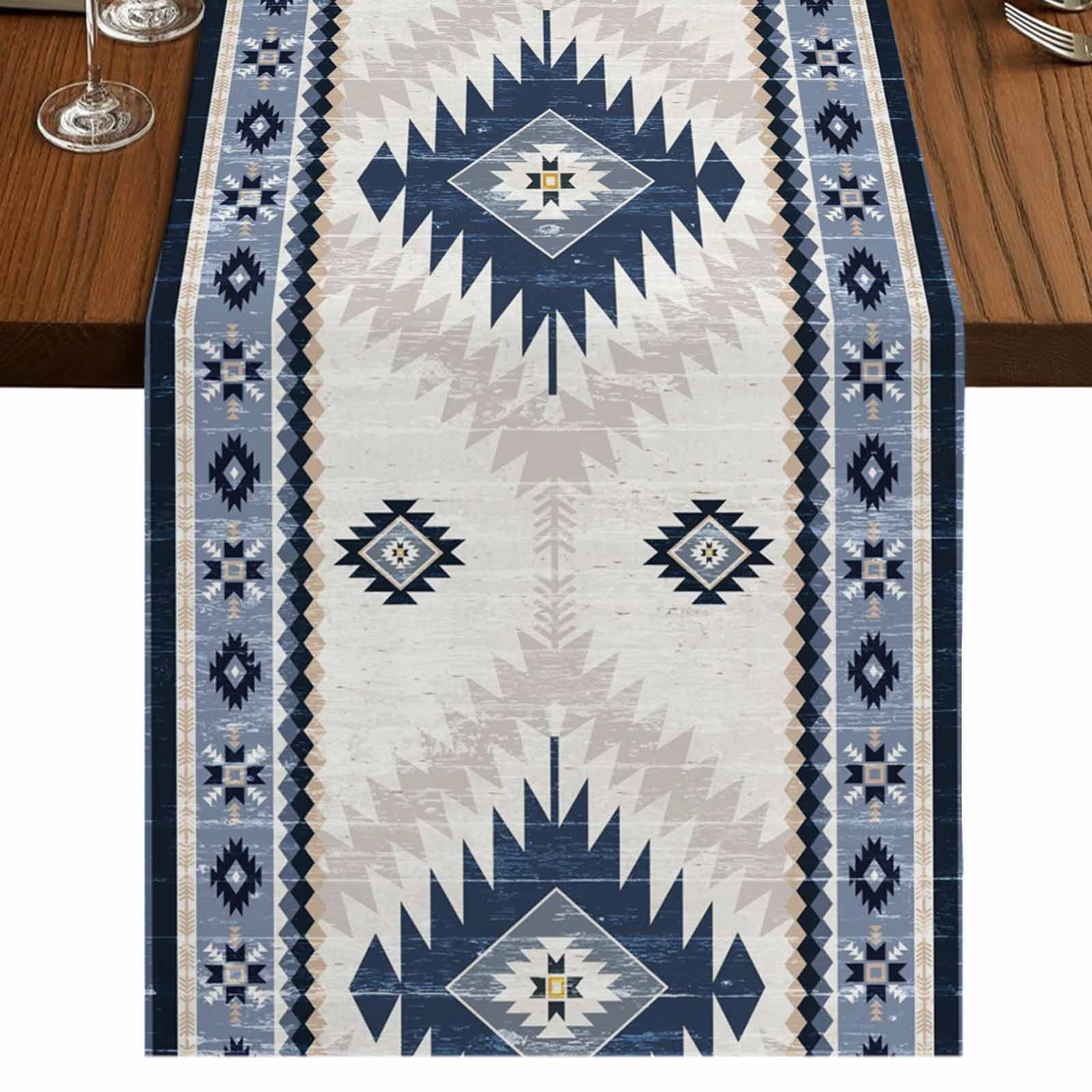 Blue Beige Boho 36 Inch Table Runner, Vintage Ethnic Tribal ...