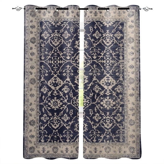 Blue Beige Boho Kitchen Curtains Vintage Ethnic Tribe Abstract Art Cafe ...