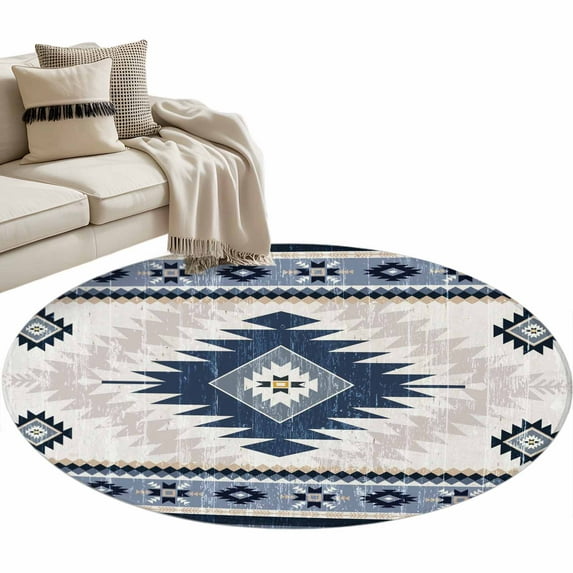 Blue Beige Boho Round Rug 4ft Area Rug Washable Soft Non-Slip 4' Circle Low Pile Rugs Vintage Ethnic Tribal Southwestern Carpet for Bedroom Living Room Entryway Home Office Dining Room