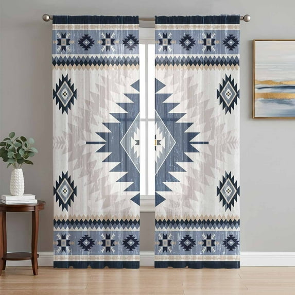 Blue Beige Boho Sheer Curtains 72 Inch Length 2 Panels Set, Vintage Ethnic Tribal Southwestern Voile Window Treatment Rod Pocket Curtains Sheers Drapes for Bedroom/Living Room/Kitchen 52"x72"x2