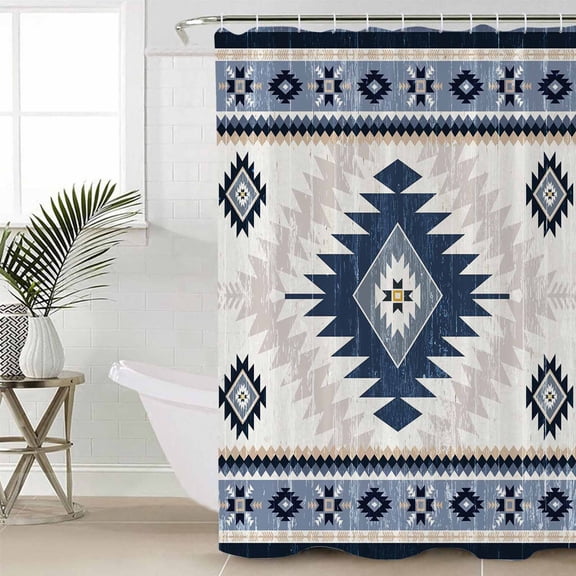 Blue Beige Boho Shower Curtain Set, Waterproof Shower Curtains for Bathroom, Vintage Ethnic Tribal Southwestern Washable Fabric Cloth Bath Curtain for Bathtub Decoration with Hooks 72x78 Inches