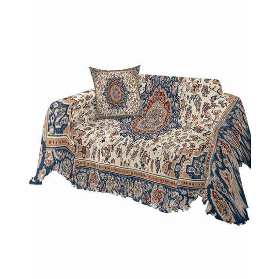 Blue Beige Boho Sofa Couch Covers for Dogs, Washable Sectional Couch Slipcovers for Loveseat with Tassels, Vintage Ethnic Geometric Abstract Non Slip Sofa Throw Cover Blanket L 71''x102''