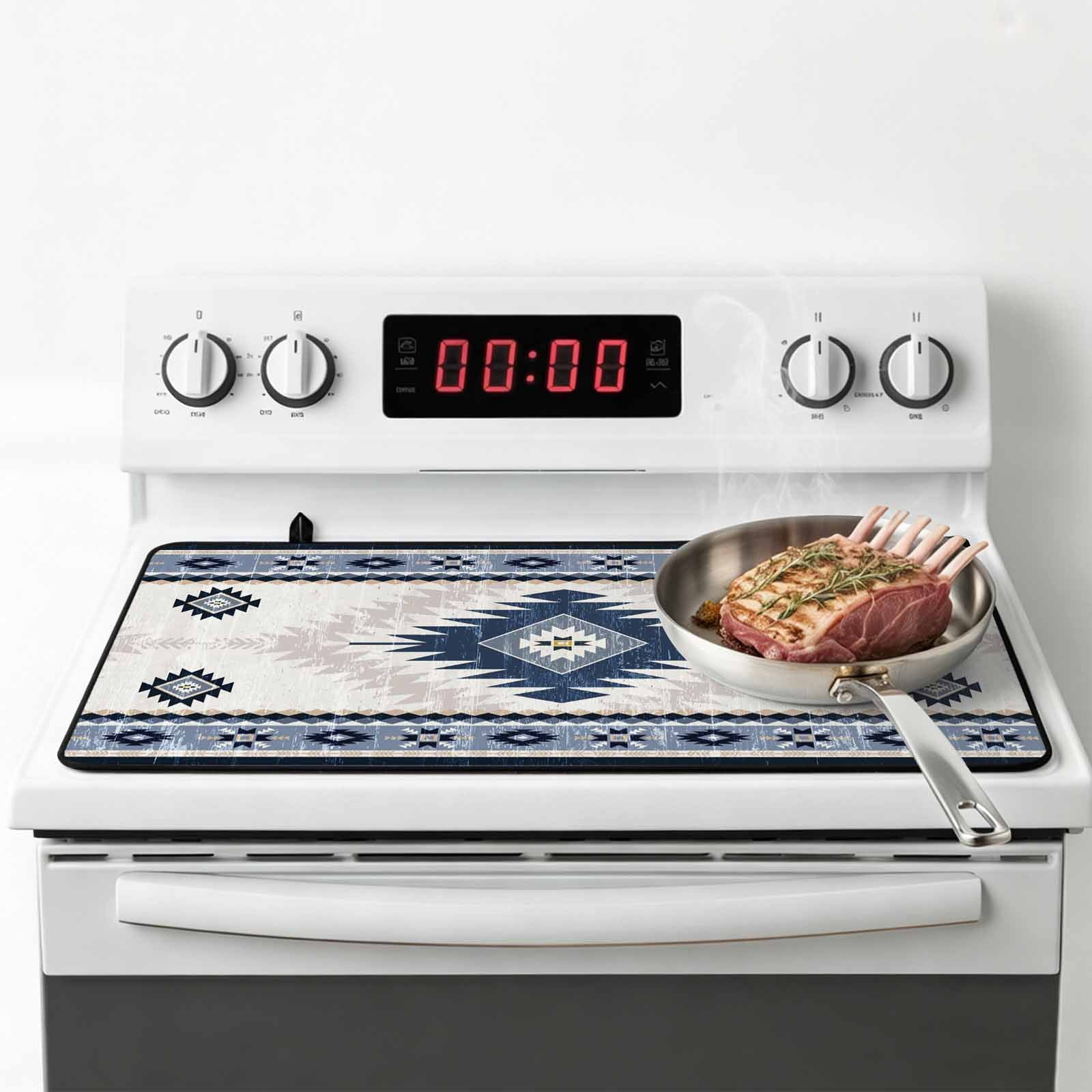 Blue Beige Boho Stove Top Cover for Electric Stove, Heat-proof & Non Slip Glass Top Stove Cover Protector, Vintage Ethnic Tribal Southwestern Kitchen Flat Cooktop Rubber Mat 28.5x20.5 Inches