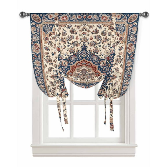 Blue Beige Boho Tie Up Curtains for Window, Vintage Ethnic Geometric Abstract Thermal Insulted Balloon Shade Adjustable Rod Pocket Curtains Valance Panels for Kitchen Bathroom Café 34 x 45