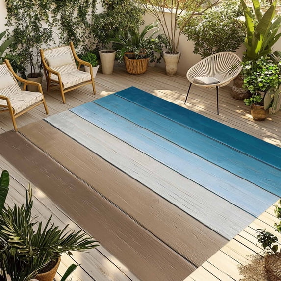 Blue Beige Brown Outdoor Rug 4x6 Ft - Reversible Patio Rug Outdoor Camping Rugs, Country Retro Gradient Wooden Grain Washable Indoor Outdoor Area Rugs, Non-Slip Outdoor Carpet Runner for Deck/Porch