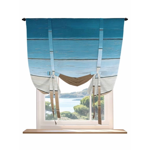 Blue Beige Brown Tie Up Curtains for Windows 63 Inch Length Balloon Curtains Kitchen Adjustable Balloon Window Shade Country Retro Gradient Wooden Grain Tie Up Valance Bathroom Curtain Window 46"x63"