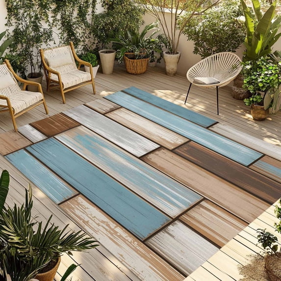 Blue Beige Brown Vintage Outdoor Rug for Patio/Deck/Porch, Non-Slip Large Area Rug 6 x 9 Ft, Retro Farmhouse Elegant Pastoral Indoor Outdoor Rugs Washable Area Rugs, Camping Rug Carpet Runner