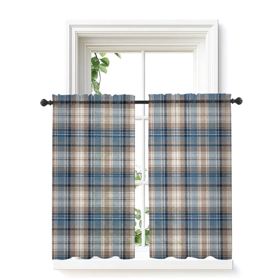 Blue Beige Buffalo Plaid Tier Curtains 45 Inch Length,Sheer Curtains for Bedroom Living Room White Farmhouse Modern Striped Short Kitchen Curtains Drapes for Small Half Window 27.5"x45" 2 Panels